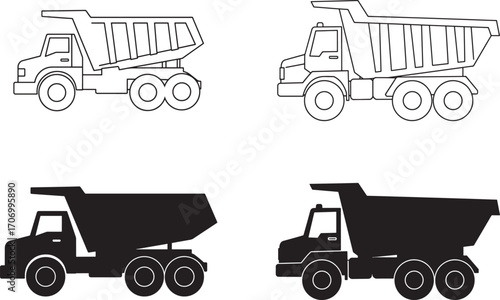 Dump Truck Line Art and Silhouette Set for Construction Theme