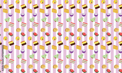This food pattern reflects the diversity of Indonesian culinary culture. It features lapis legit, klepon, ubi, fruit pie, and others. This design is suitable for packaging or stickers.