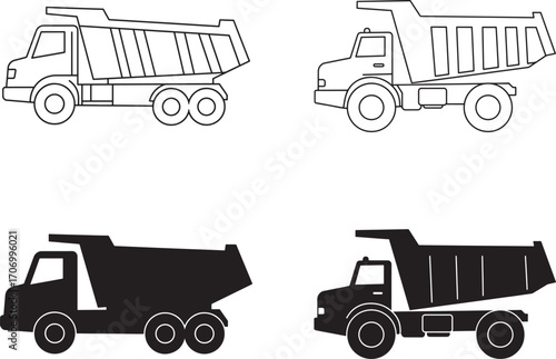 Dump Truck Line Art and Silhouette Vector Illustration Set