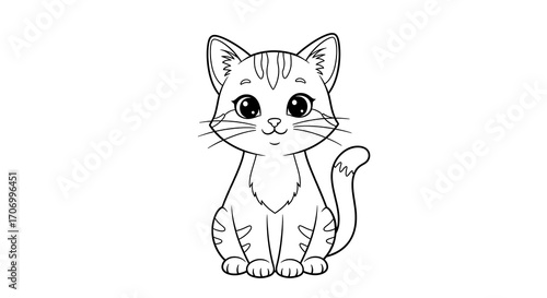 Cute, outlined tabby kitten, sitting, with large eyes and a friendly expression, presented in black and white lines.