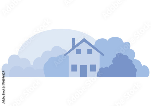 Abstract family house illustration set with bushes and sky. Urban building background for website, mobile application, cover design, banner material.