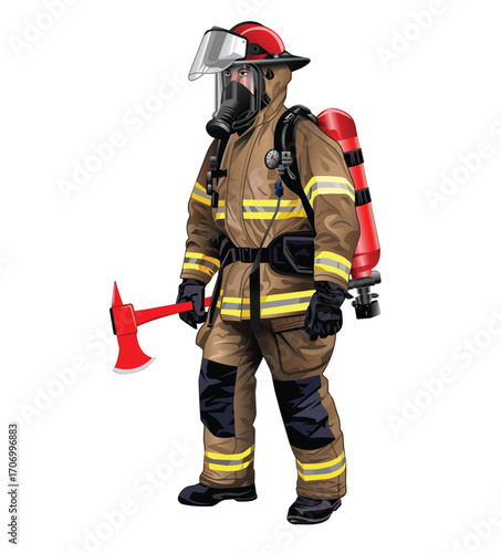 Fireman with axe and gas mask illustration