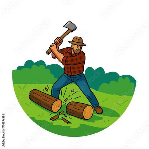 Lumberjack in Red Plaid Shirt Splitting Wood with Axe in Forest.