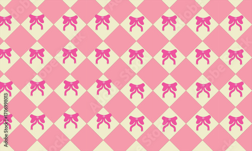 This pattern features a cute pink ribbon on a pink and cream gingham background, giving it a sweet and cheerful look. This design is suitable for fabrics or packaging.