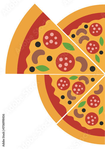 Close up of a flat design pizza with multiple slices shown. Culinary graphic perfect for food delivery concept and menu illustration.