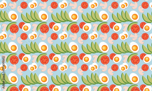 The motif of boiled eggs, avocados, tomatoes, and mushrooms sliced in half looks delicious. The light blue background makes the image very attractive. This design can be used for dessert packaging