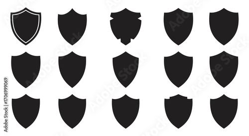 various shield designs arranged neatly in rows and columns