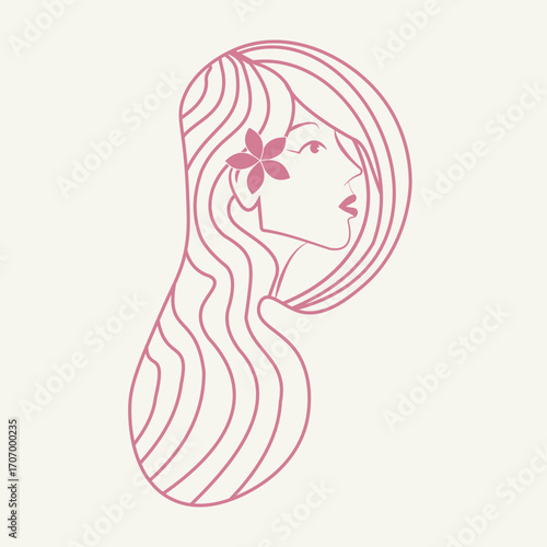 The letter P logo for “Pretty” features the silhouette or illustration of a beautiful woman wearing a flower in her ear, emphasizing a feminine and elegant impression for beauty or fashion brands.
