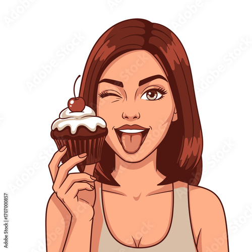Playful cartoon woman with a mischievous wink holding a delicious chocolate cupcake with a cherry