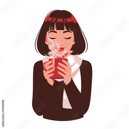 Serene woman in a scarf enjoying the aroma of a hot drink, a vector illustration of cozy comfort and a relaxing moment