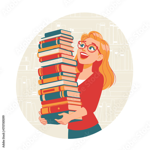A joyful female reader holding a towering pile of books. This charming cartoon character celebrates her passion for literature and knowledge