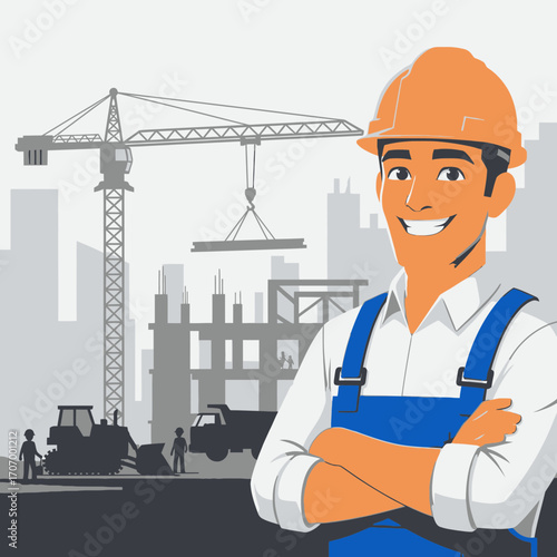 Construction Worker on Green Screen Backdrop Building, Crane, and Cityscape Illustration