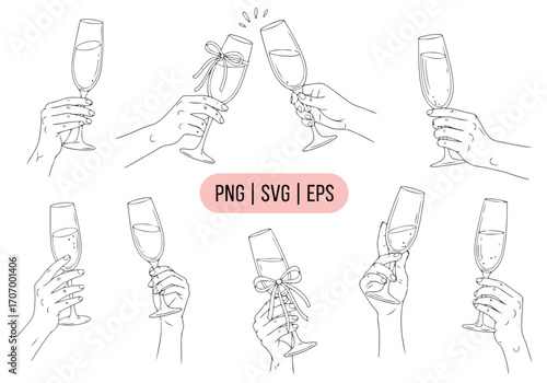 Illustration of collection of handdrawn champagne glasses clinking