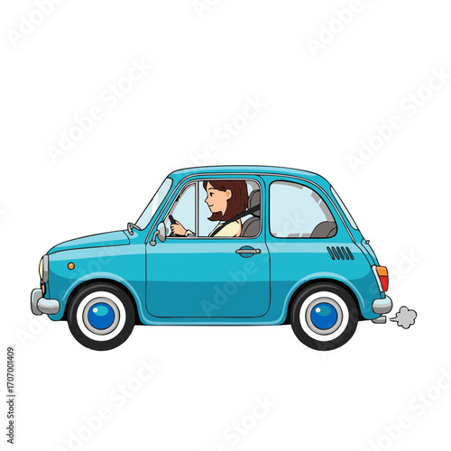 Icon of a blue vintage car with a woman driver - illustrative icon 1