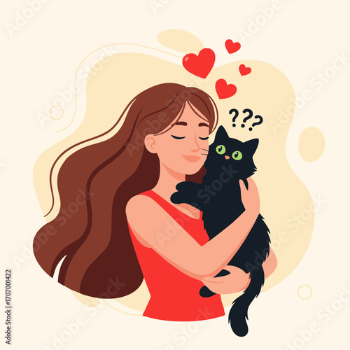 Woman Embracing Black Cat with Love A Heartfelt Illustration of Affection and Companionship