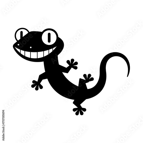 Smiling gecko logo cartoon mascot with wide grin and curly tail, black and white lizard vector illustration for branding, stickers, or playful decoration