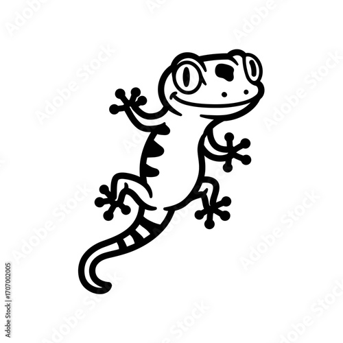 Dynamic gecko logo cartoon illustration of a lizard climbing with curved body and smiling face, black and white reptile mascot vector design perfect for stickers or branding