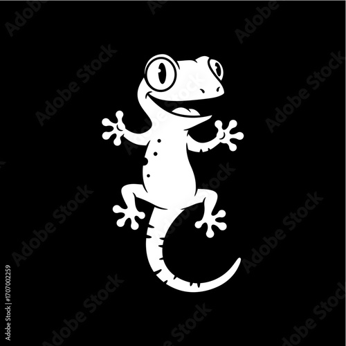 Friendly gecko logo cartoon character with smiling reptile design on black background, black and white lizard mascot vector illustration perfect for creative branding or stickers