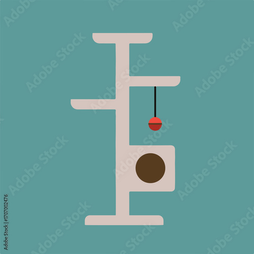 A simple cartoon depiction of a cat tree, set against a turquoise background, featuring various levels and a hanging ball toy.