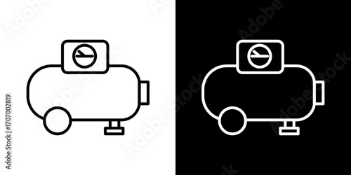 Minimalist outline icon of a portable air compressor with pressure gauge, suitable for industrial, workshop, or DIY projects, vector illustration on contrasting backgrounds