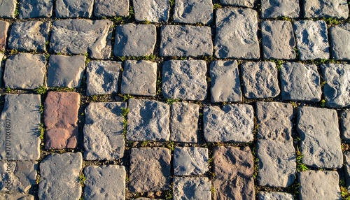 Fototapeta Naklejka Na Ścianę i Meble -  Overhead view of a cobblestone street, showing varied stone colors and small weeds sprouting between the stones