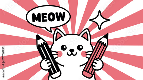 Cute cartoon cat artist holding pencils, ready to create art with a cheerful meow.