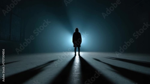 Silhouette person shadow dark light mysterious dramatic standing room backlight long shadows eerie atmosphere creating intense visual impact and captivating mood in dimly lit space
