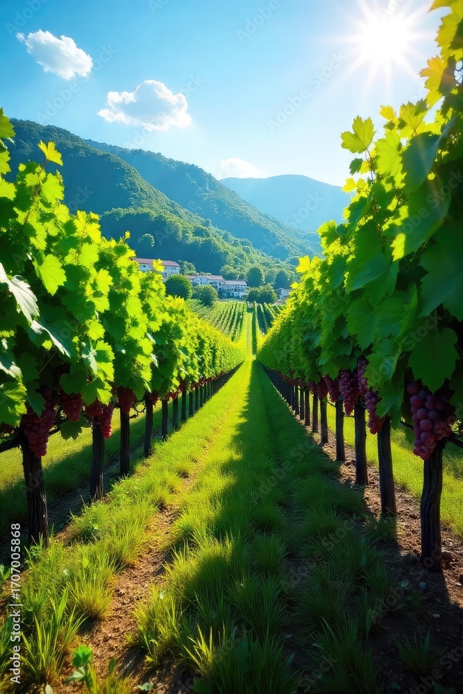 Fototapeta premium Sun-Drenched Vineyard Ripe Grapes Hanging Heavy on Gently Sloping Hillside