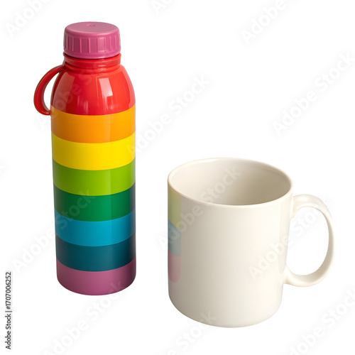 Rainbow Flask and Mug: A vibrantly striped rainbow flask alongside a simple, elegant mug in a clean, inviting composition, perfect for refreshing drinks or beverages.