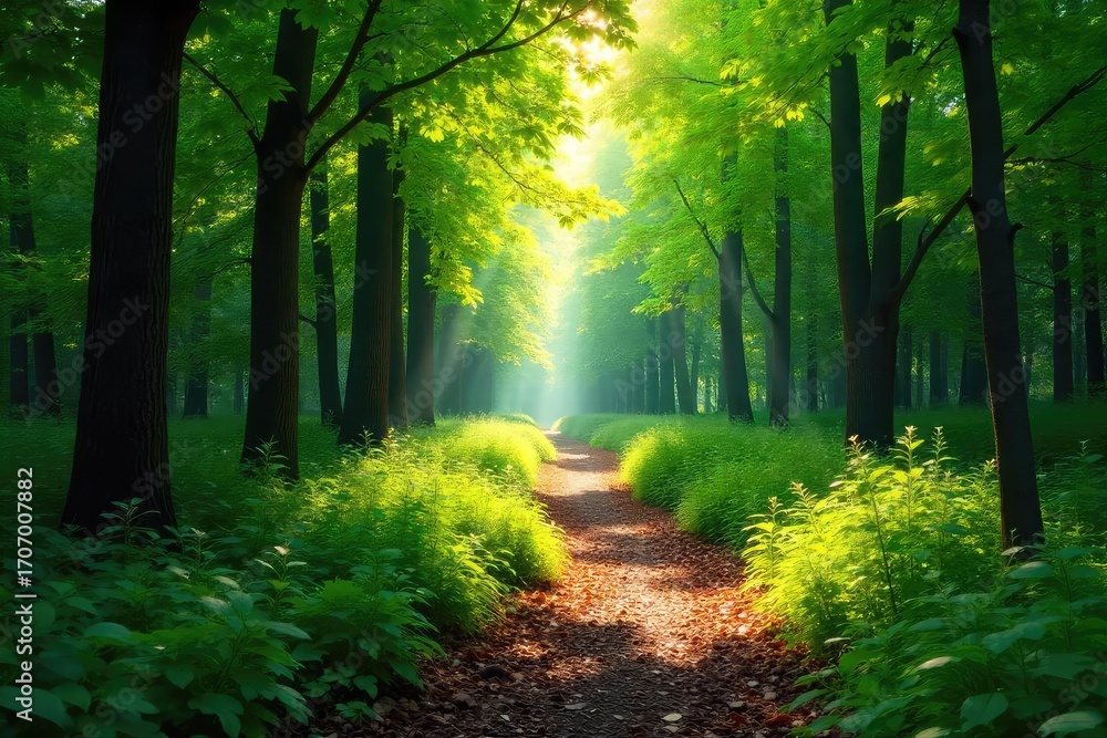 Obraz premium Sun-dappled forest path winding through lush green foliage, dappled sunlight filtering through leaves A tranquil scene of nature's beauty, perfect for relaxation and escape , foliage, wild, walkway