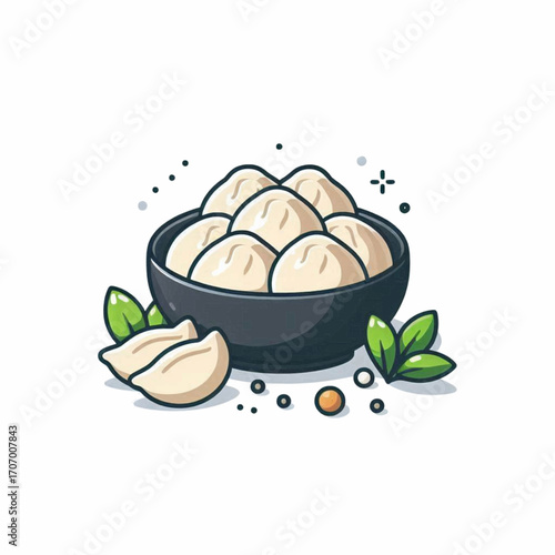 A bowl of dumplings surrounded by leaves and dots on a white background