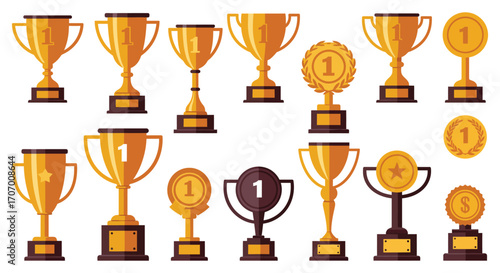 a collection of shiny golden trophies and awards displayed