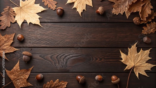 Autumn leaves and acorns on dark wooden background for seasonal decoration photography
