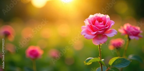 Vibrant pink roses bask in the warm summer sun, petals unfurling in a field of green  A perfect image for summer romance, beauty, and nature themes ,  idyllic,  fresh