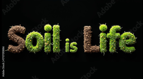 The phrase soil is life is spelled out in green moss and brown soil, set against a black background, symbolizing the importance of soil for life and the environment