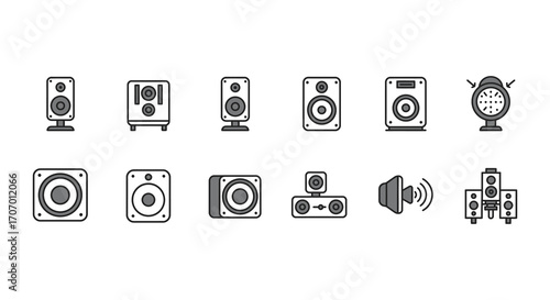 various speaker designs and audio equipment icons displayed
