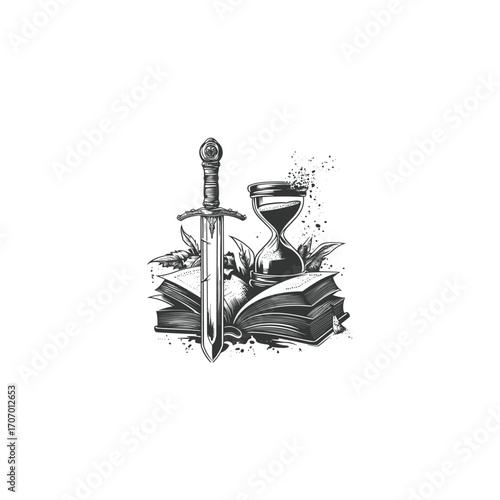 Vintage engraving style illustration featuring a sword thrust into an open book, with an hourglass next to it. Concept of time, knowledge, power, history, and medieval fantasy
