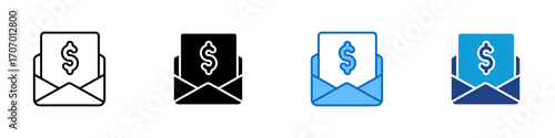 Mail Payment Multiple Style Icon Design Vector - Envelope with dollar symbol, representing payment email, billing notice, or financial message