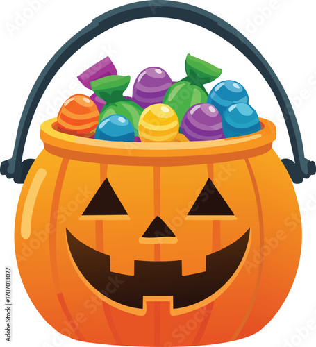 A cartoon pumpkin basket overflowing with wrapped colorful candies, ready for trick-or-treating.