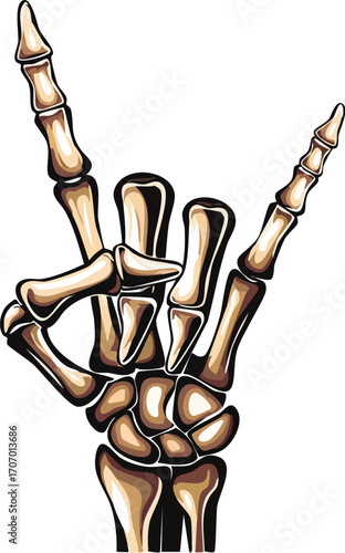 Skeleton hand making a rock and roll sign, with raised index and pinky fingers.