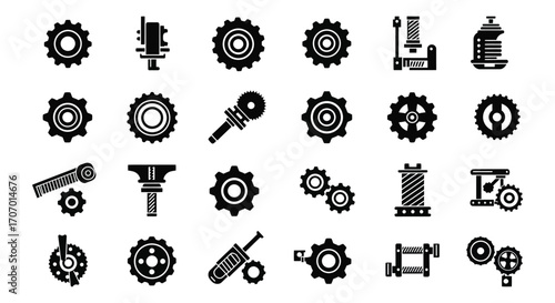 various mechanical tools and gears illustrated in black icons