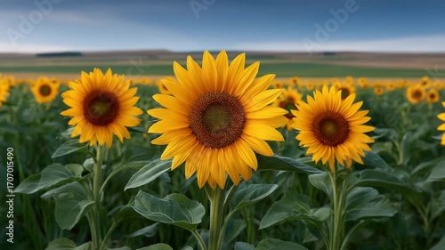 Sunflower field with bright yellow flowers and green leaves under clear blue sky showcasing vibrant nature, summer bloom, agriculture, and cheerful plant landscape in peaceful countryside