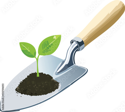 A small seedling rests in a trowel, symbolizing growth and gardening.