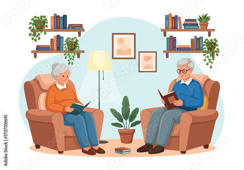 Illustration of elderly couple reading books in comfortable armchairs at home