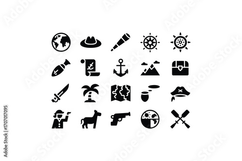 Collection of black adventure and pirate themed icons