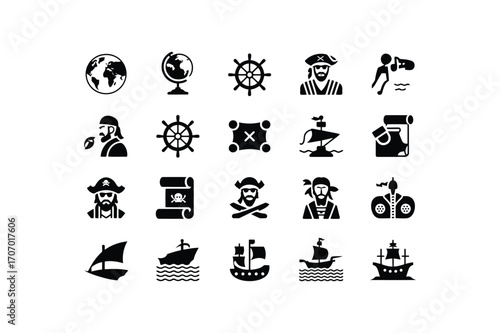 Pirate icons including ships globes and steering wheels