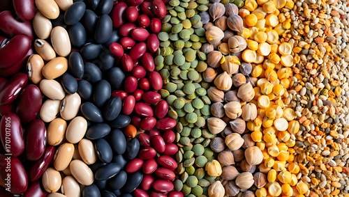 Assorted dried beans peas lentils chickpeas background texture