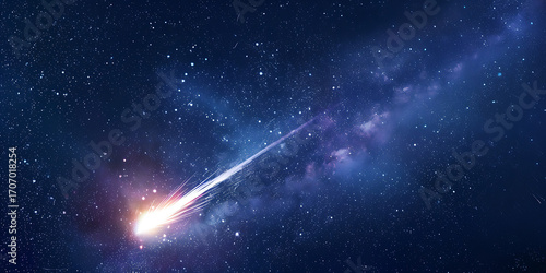 A brilliant meteor streaks across a starry night sky, leaving a luminous trail through the cosmos.