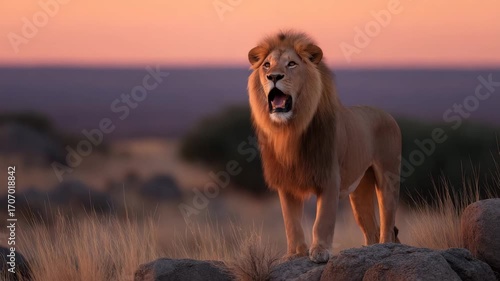 Lion wild animal savannah sunset wildlife mane roar grass rock nature majestic predator big cat African wilderness dusk open field standing natural habitat carnivore outdoor strength power warm light