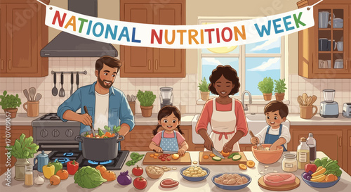 Illustration of family cooking healthy meal together in kitchen for national nutrition week